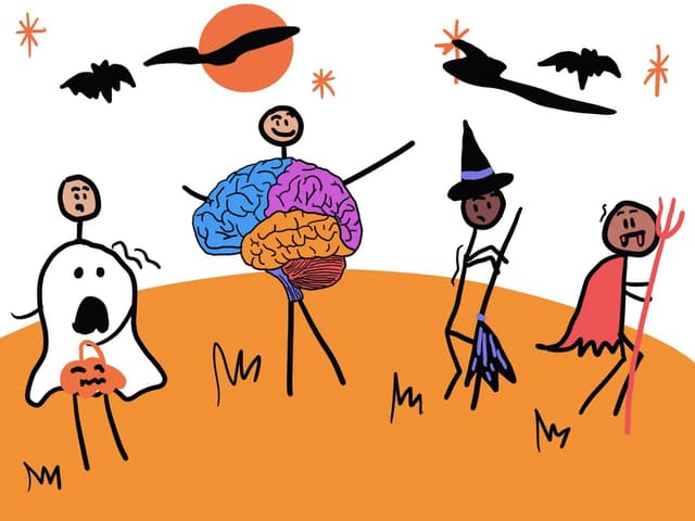 Stick figures dressed in Halloween costumes.
