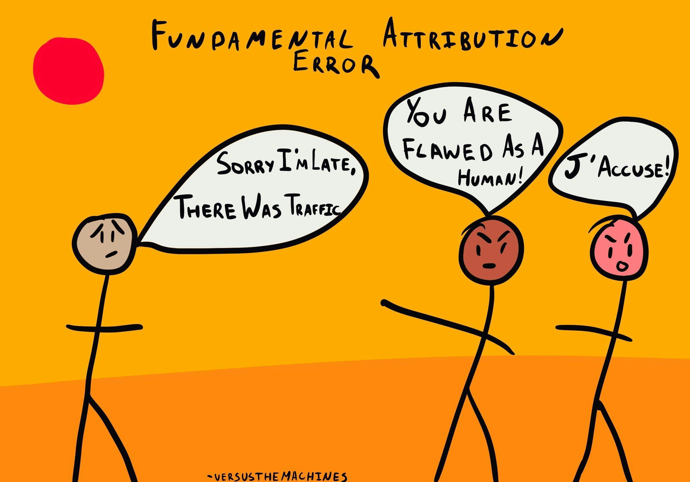 A cartoon illustration shows a person apologizing for being late due to traffic, while two others angrily blame them as flawed, highlighting the "Fundamental Attribution Error."