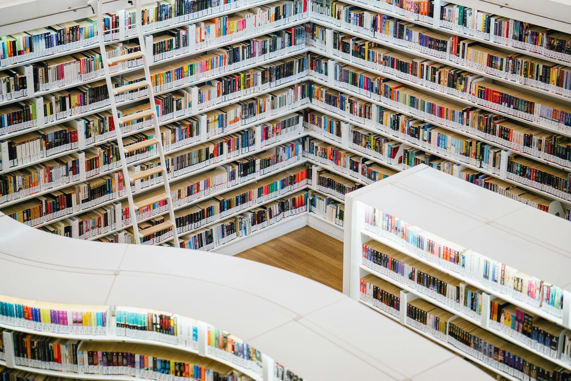 Bookshelves filled with books, organized along two walls, with a wooden ladder attached, in a bright, modern library space with light wood flooring.