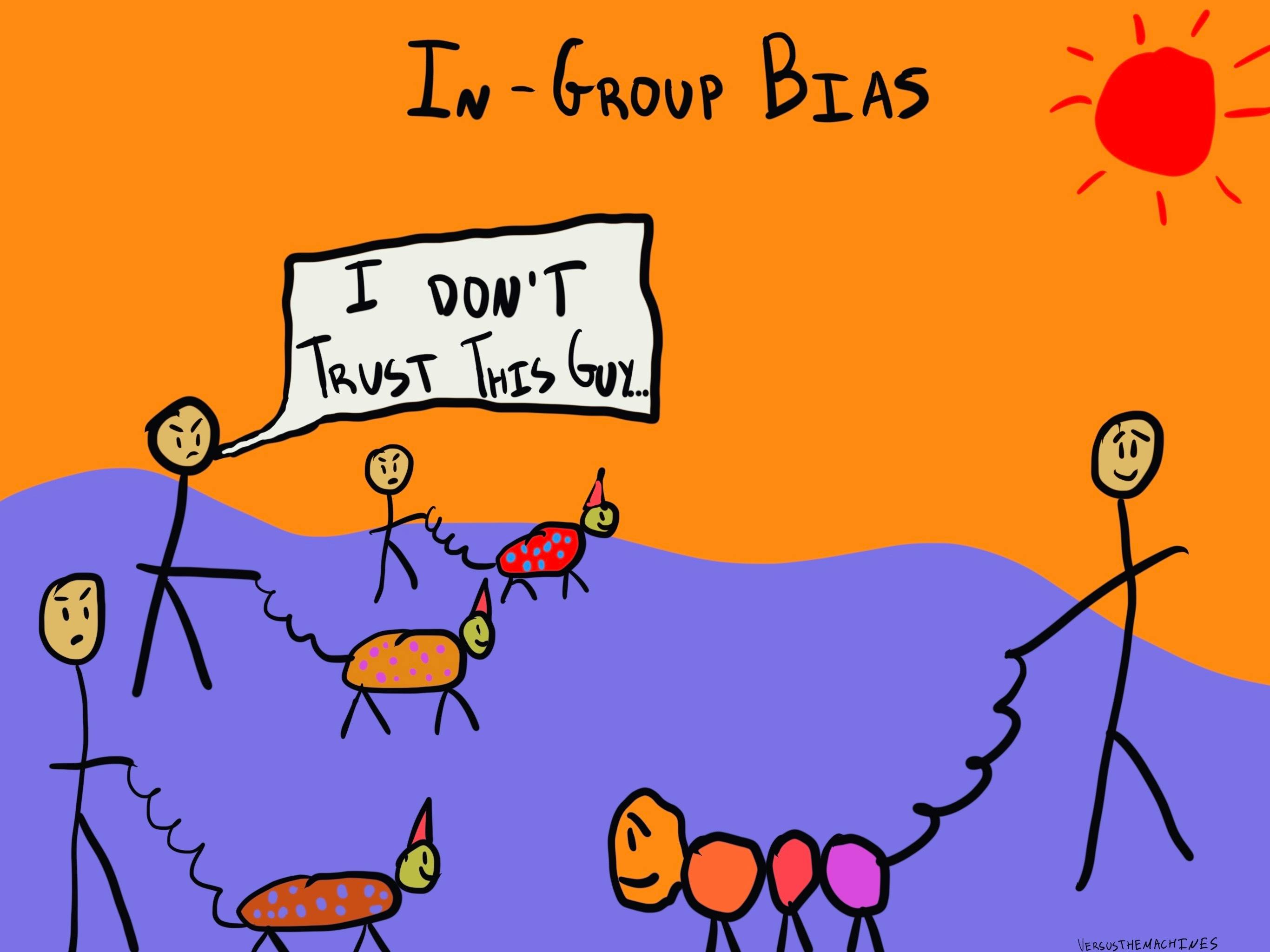 An illustration showing two groups of stick figures walking abstract creatures. One figure in the first group says, 'I don't trust this guy,' while pointing at the second group, illustrating in-group bias.