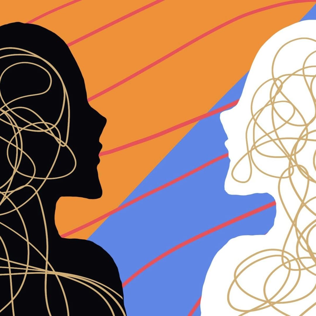 Two human profiles facing each other; one is black, the other white, both filled with tangled lines. The background features orange and blue sections with red diagonal lines.