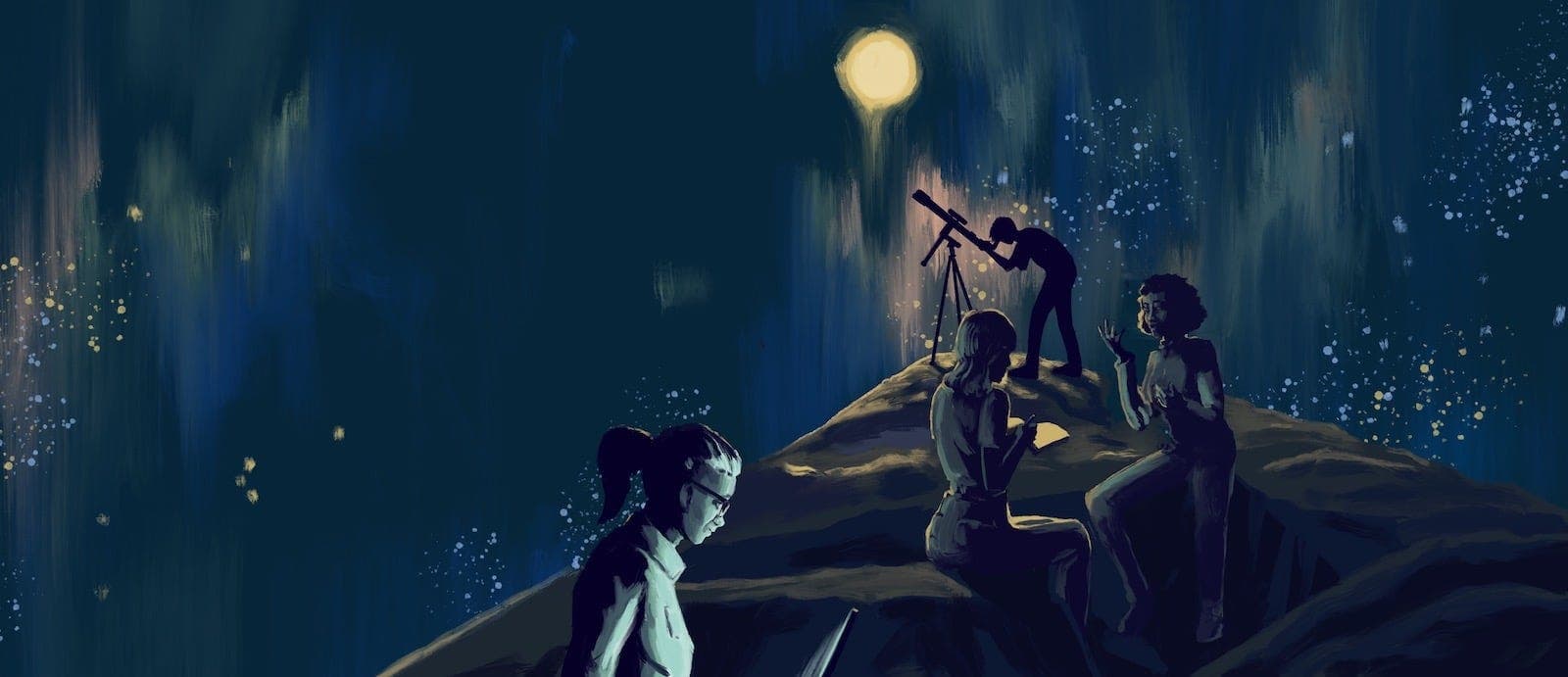 Three people read and write, one uses a telescope on a rock under starry night sky with a bright moon.