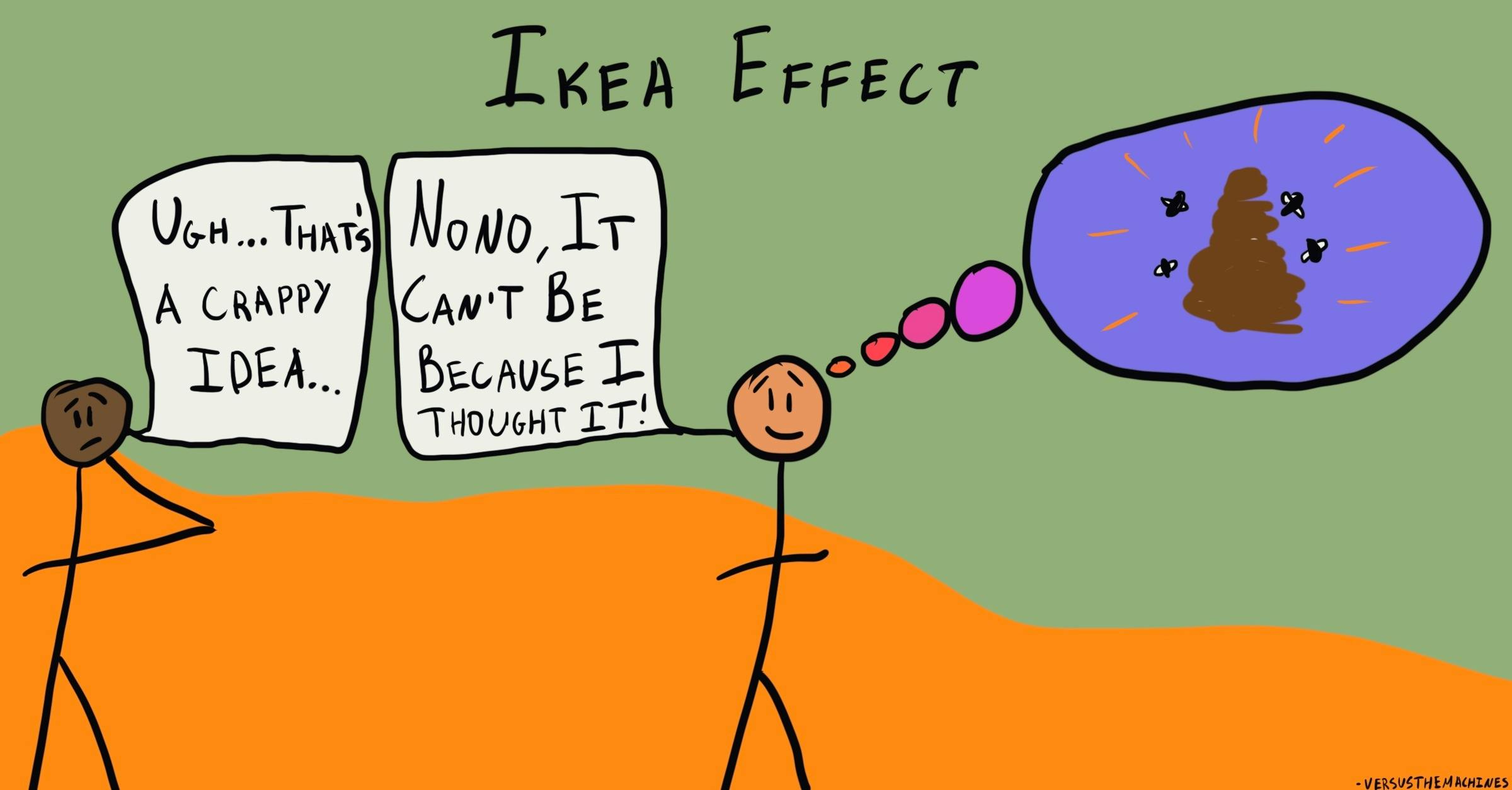 A cartoon illustrating the IKEA effect. A person on the left thinks, 'Ugh... That's a crappy idea...' while another person on the right confidently thinks, 'No, no, it can't be because I thought it!' The second person's thought bubble shows a shining pile of poop, emphasizing how people overvalue their own creations, even if they're objectively poor.