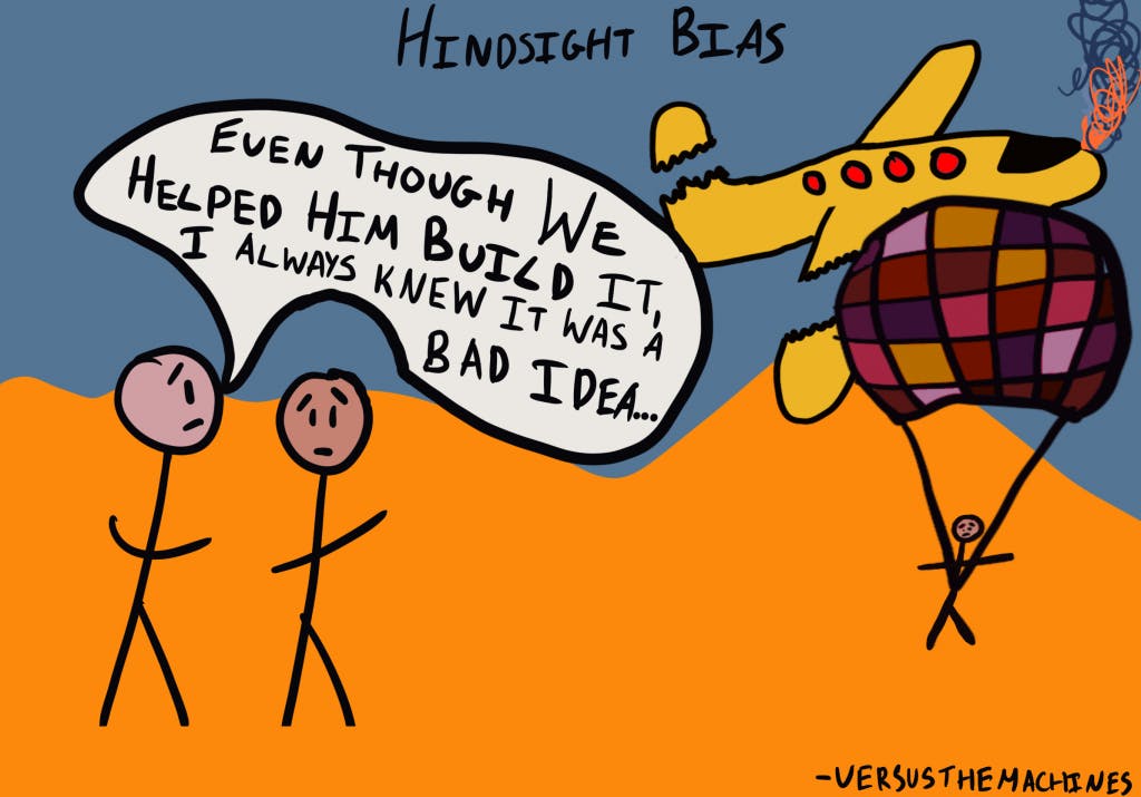 Two stick figures stand on an orange ground, looking up at a crashing yellow plane with smoke trailing from it. A speech bubble from one figure reads, 'Even though we helped him build it, I always knew it was a bad idea,'. In the background, another stick figure is parachuting down, indicating they were in the plane.