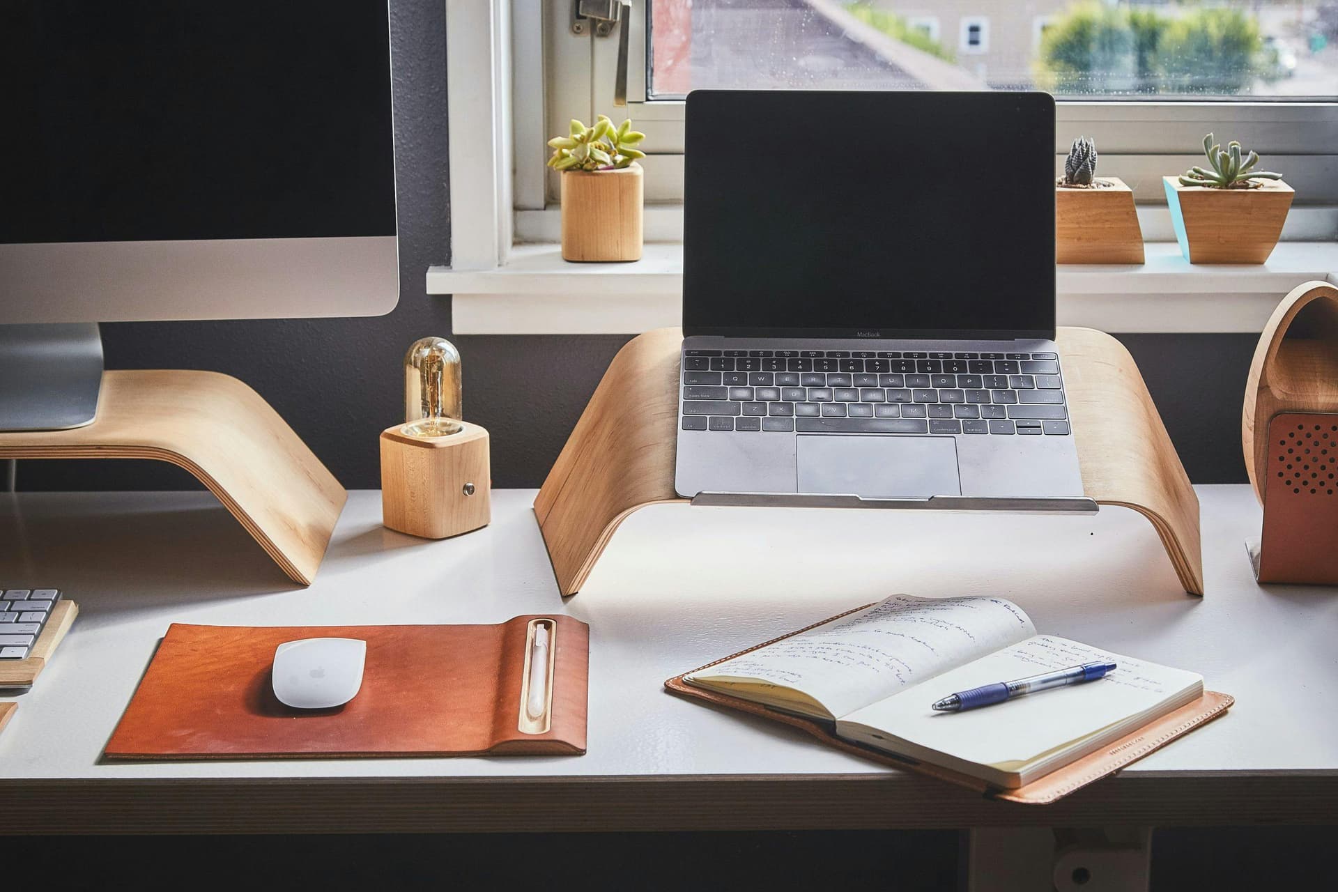 work desk with laptop