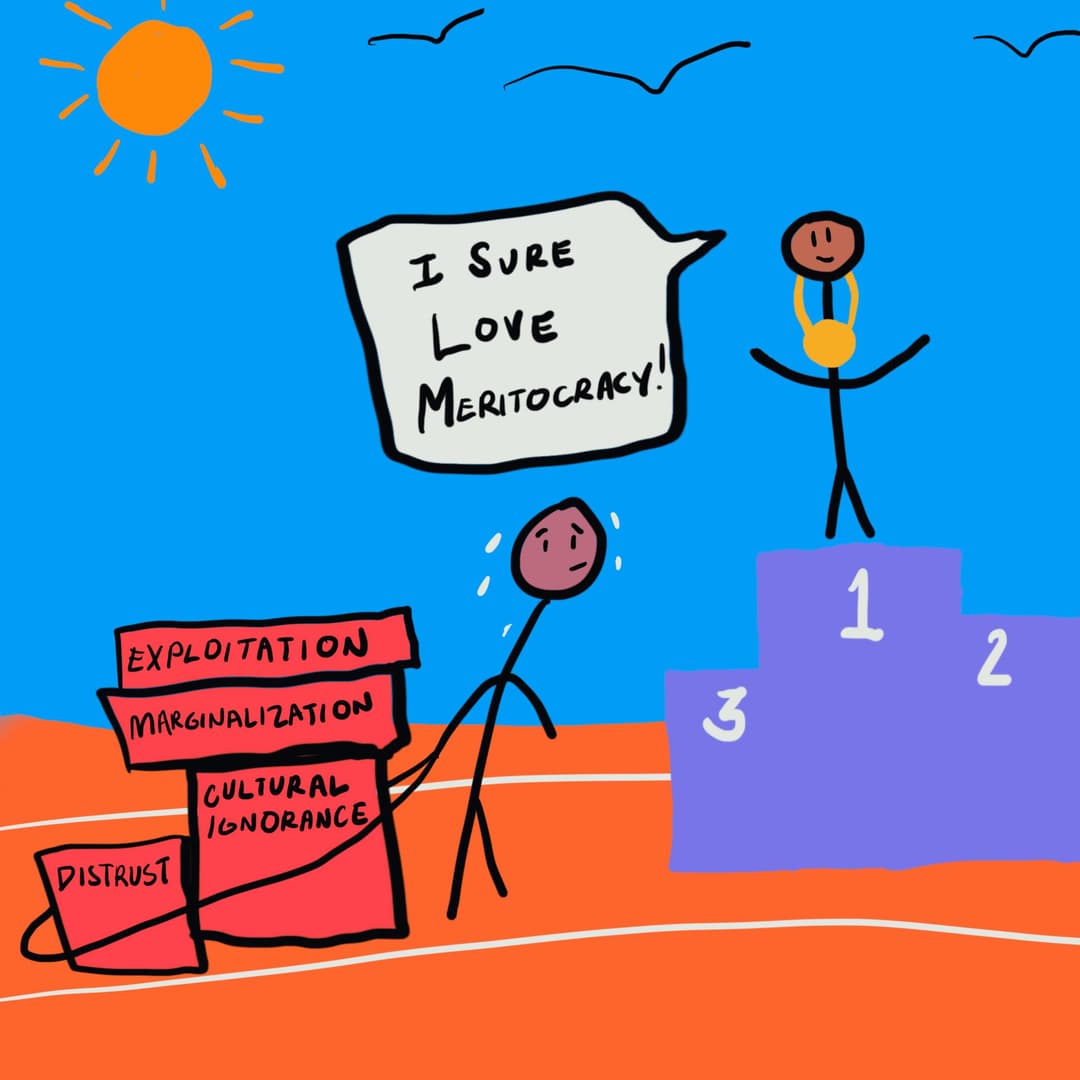 1 stick man dragging boxes while 1 stick man on a rank stage