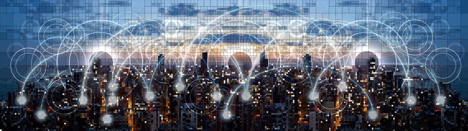 Digital cityscape lit up, interconnected by glowing, white geometric lines forming network patterns, set against a pixelated sky at dusk, suggesting modern technological connectivity.