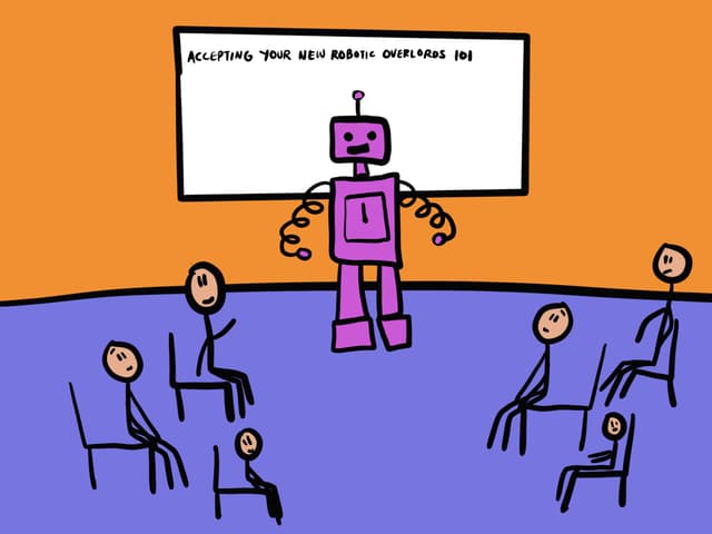 A pink robot stands in front of a whiteboard inscribed with "ACCEPTING YOUR NEW ROBOTIC OVERLORDS 101," teaching a class of seated stick-figure humans in a room with orange walls and a purple floor.
