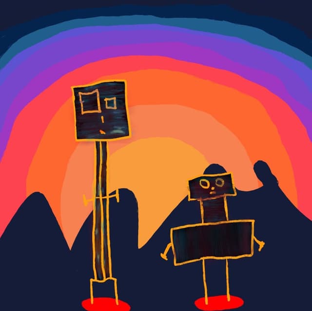 Two blocky stick figures with simplistic faces stand against a colorful sunset gradient, featuring orange, pink, and purple rays. Darkened mountainous shapes form the horizon line in the background.