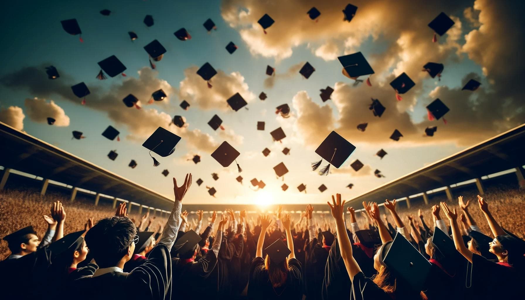 Graduates in caps and gowns celebrate by throwing caps into the air at a packed stadium, with a dramatic sunset and clouds in the background.