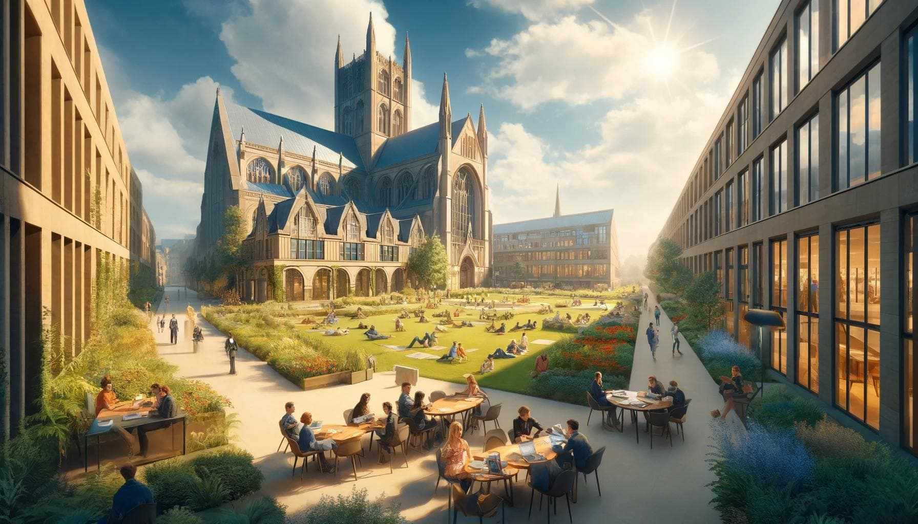 A grand medieval-style cathedral dominates the scene, surrounded by lush gardens and modern buildings, with people relaxing on the green lawn and dining at outdoor tables under a bright sky.