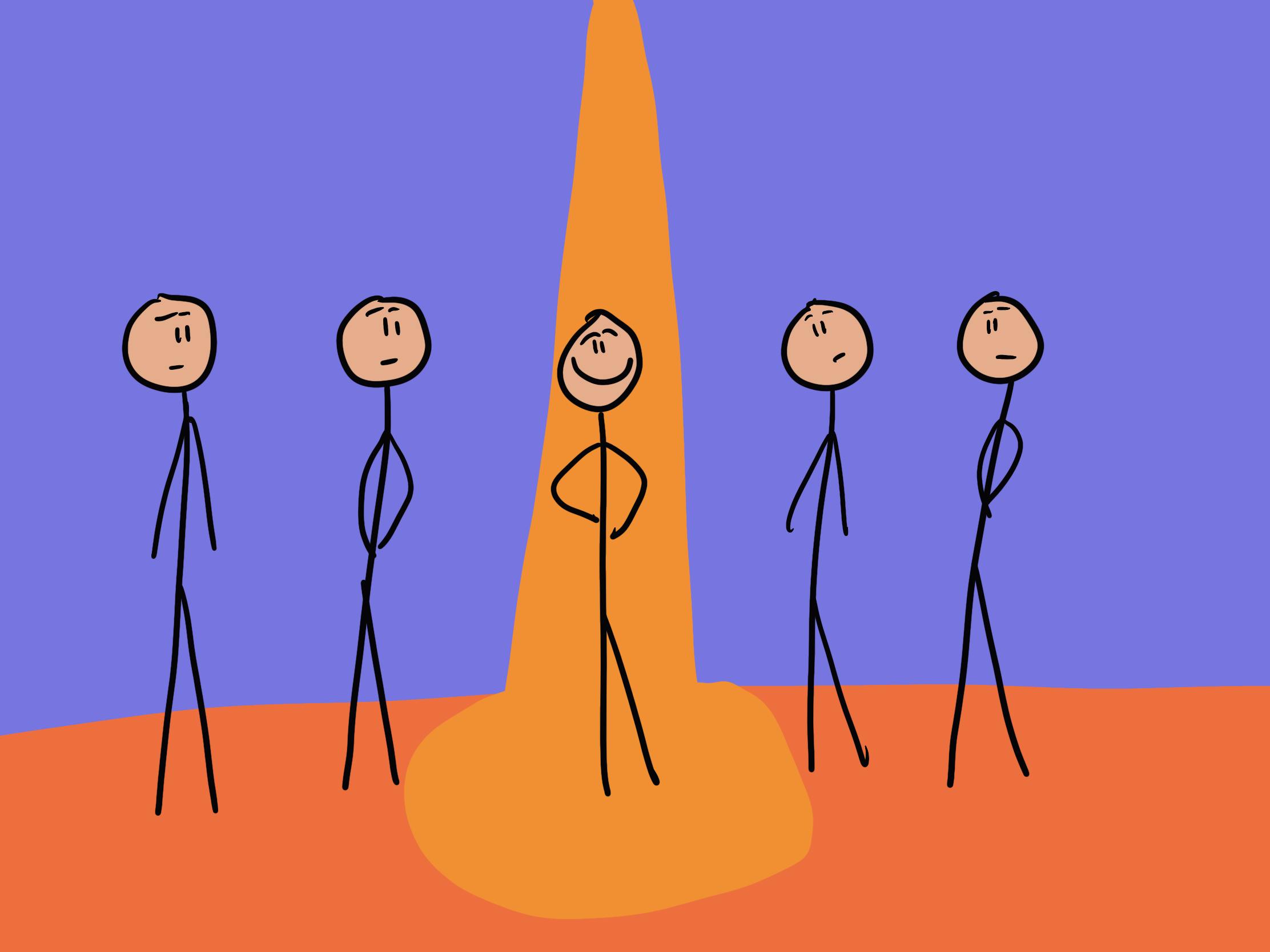 A drawing of a group of stick figures with one figure standing under a bright spotlight, emphasizing their importance or focus.