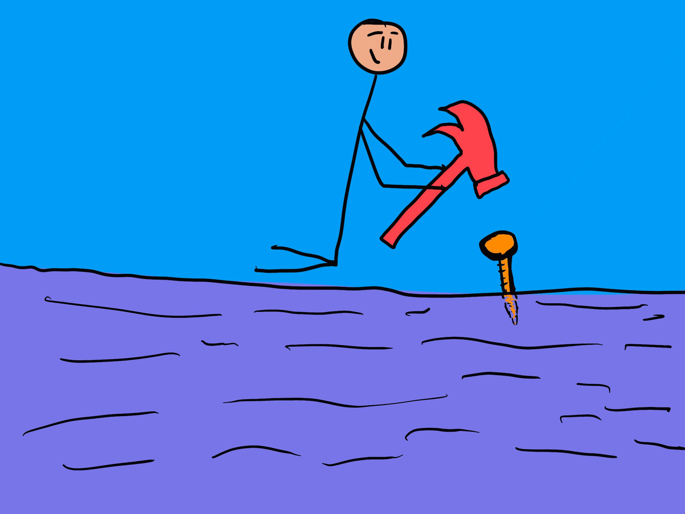 a stick figure using a hammer to try to drive a screw into a surface, illustrating the idea of using the wrong tool for the job. The figure appears to be focused but is holding the hammer over the screw as if about to strike.
