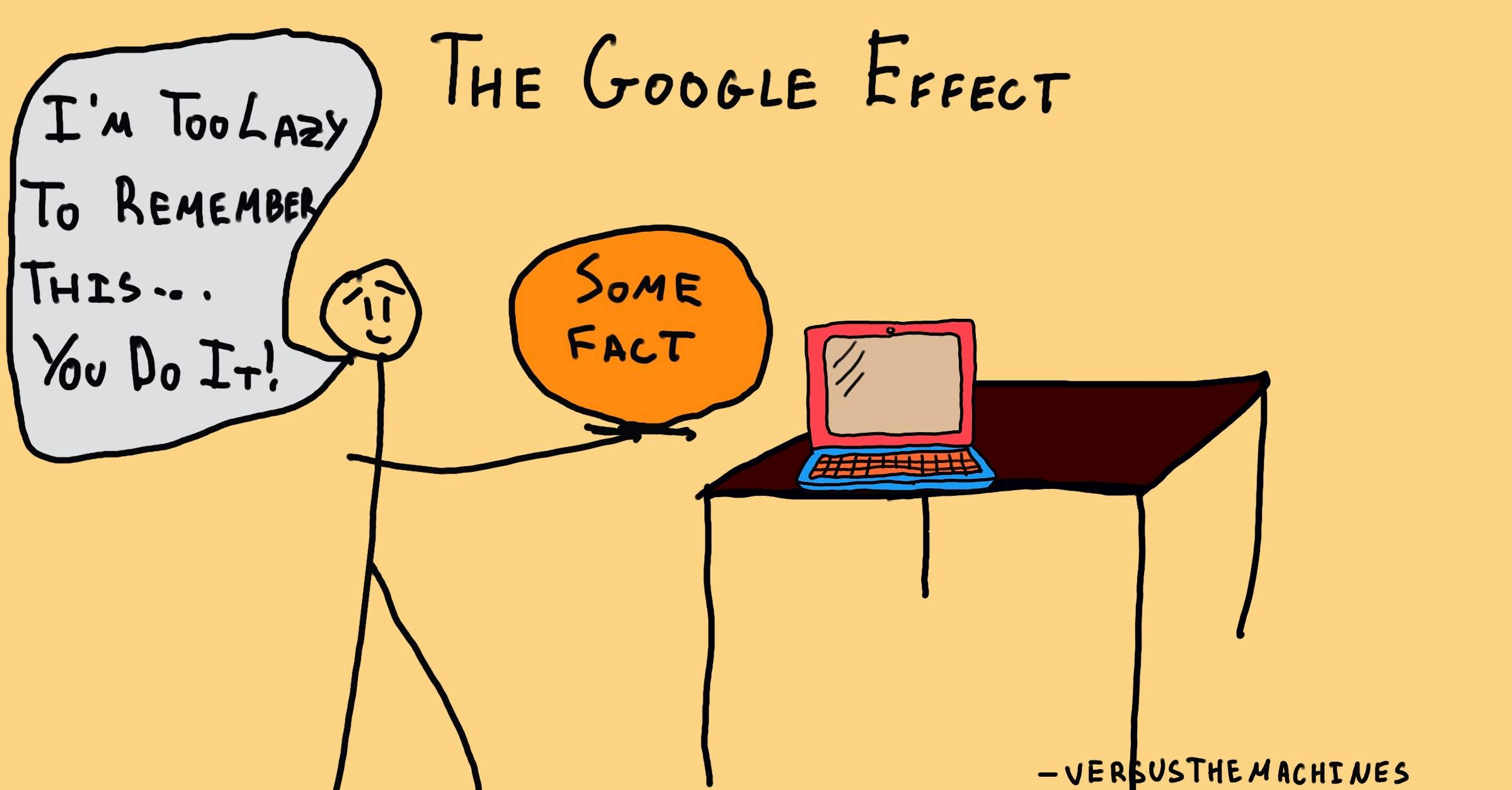 An illustration showing a person holding a fact in a thought bubble and saying, "I'm too lazy to remember this... you do it!" The person is placing the fact into a laptop on a table. The text "The Google Effect" is written at the top.