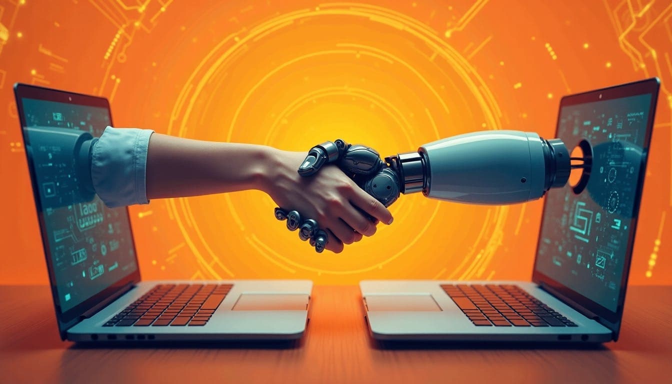 A robotic hand and a human hand reaching out from laptop screens and shaking hands, symbolizing collaboration between humans and artificial intelligence. A circular orange background with circuit patterns emphasizes the technology theme.