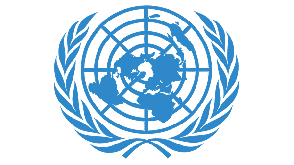 A blue world map is overlaid on a grid with latitude and longitude lines, surrounded by olive branches, forming a symmetrical emblem.